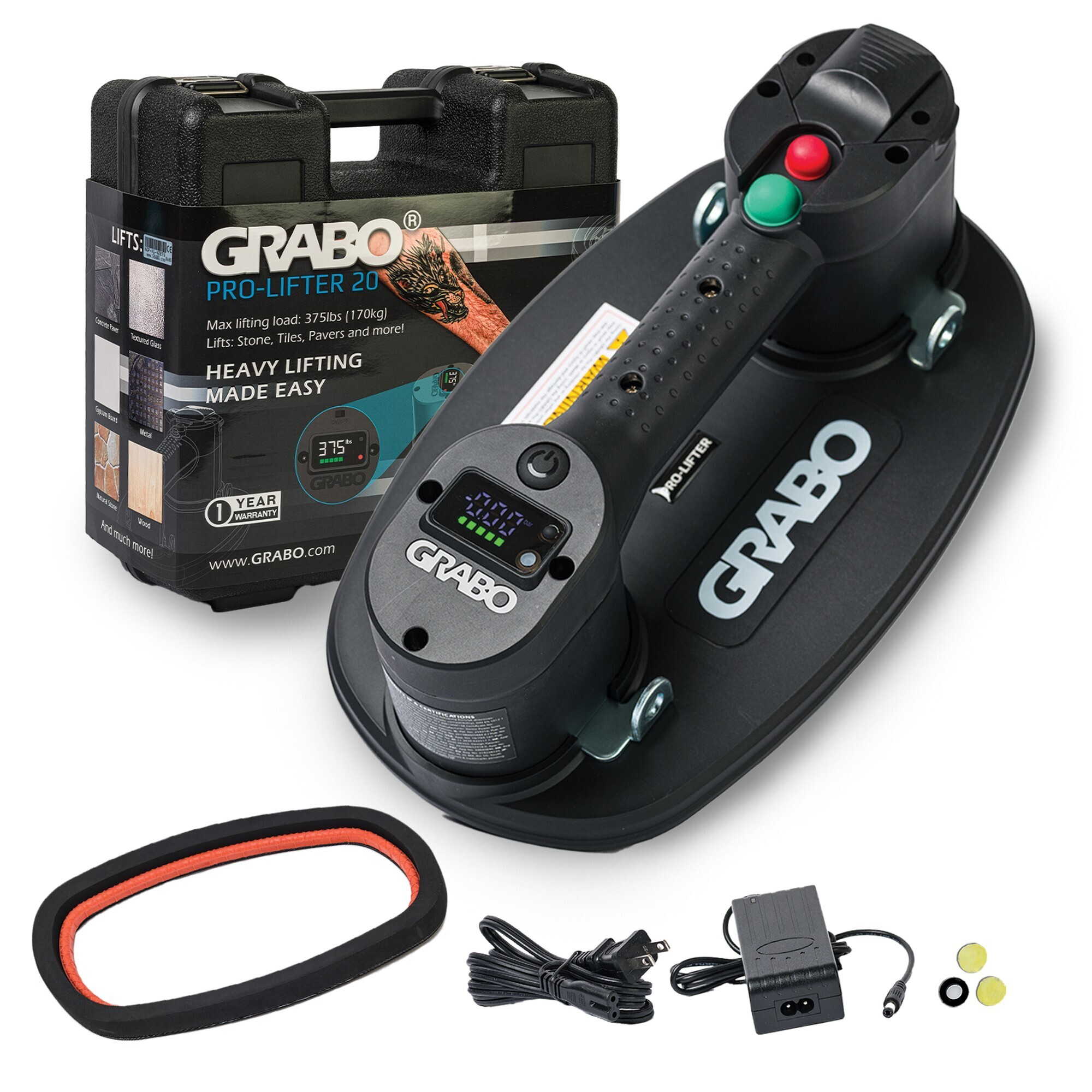 GRABO Pro Cordless Suction Gripster Kit With Hardshell Case, 20 Liters per Minute Pump, Digital Pressure Gauge, 375 Pound Capacity, GP-1Li-FB-1S-HC